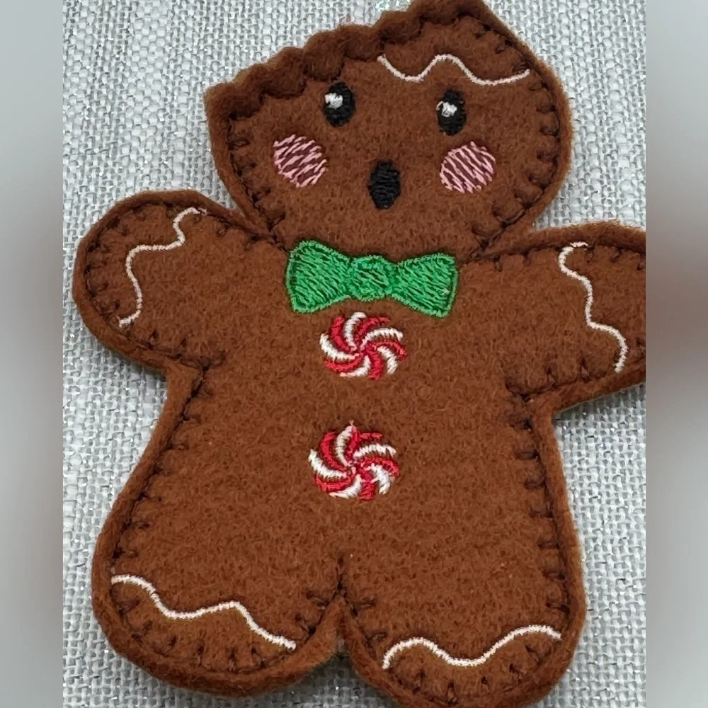 gingerbread ornament handmade set of 2 iridescent ribbon to hang on tree 4”
